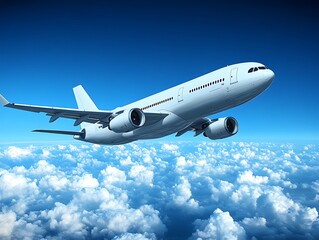 Obraz premium Passenger jet soaring above fluffy clouds in a vibrant blue sky