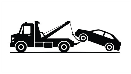 Towing truck with car lift silhouette icon vector