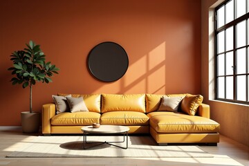 Modern living room interior with yellow sectional sofa and sunlight streaming through large window.