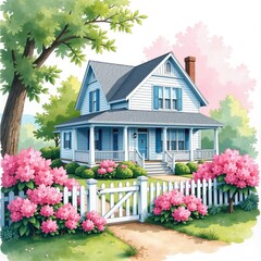 Charming blue house with white fence and pink flowers in a sunny garden. Perfect for real estate, home decor, and family themes.