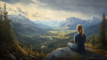 A serene woman contemplates a breathtaking mountain valley.