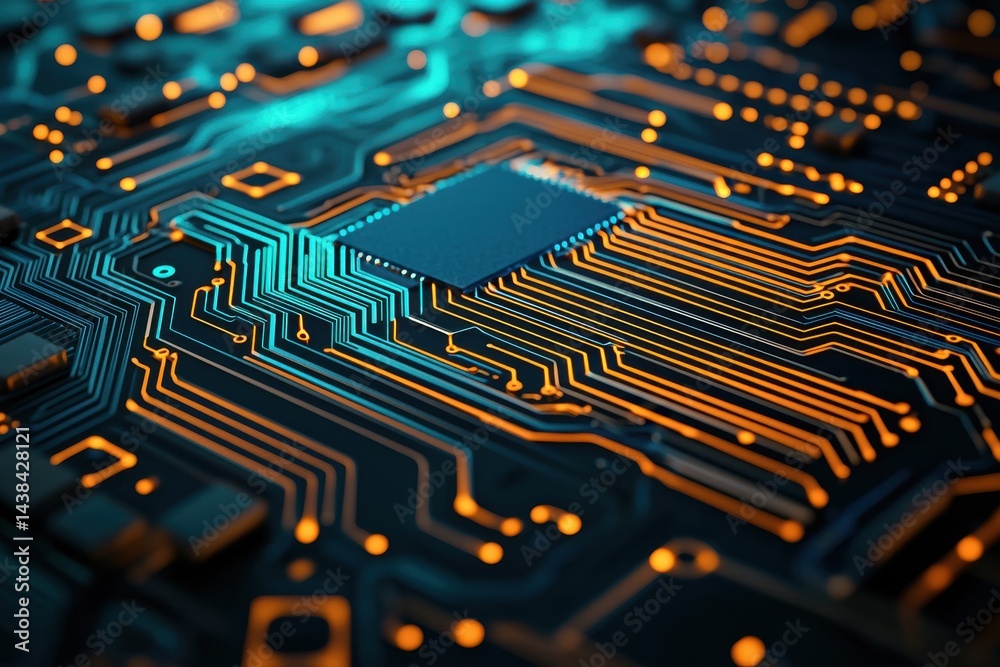 Wall mural abstract circuit board with glowing lines and microchip detail