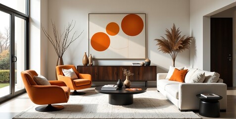 Bright living room with orange armchairs, beige sofa, and large window. Modern minimalist design.