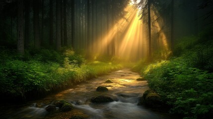 Obraz premium Sundrenched forest stream ethereal glow
