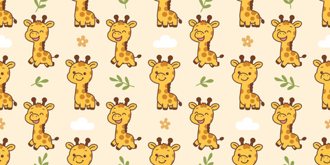 Cute giraffe cartoon seamless pattern, vector illustration
