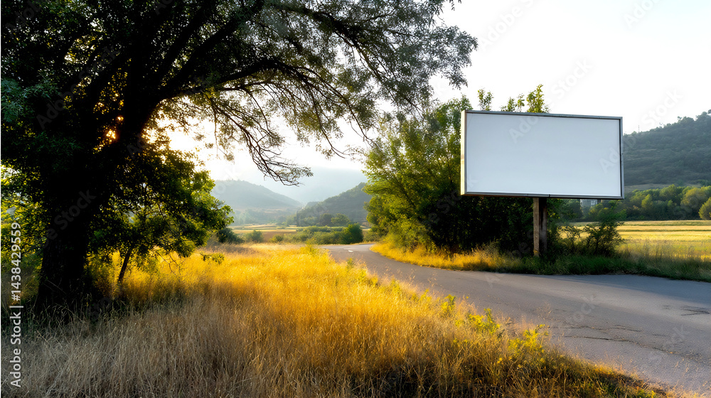 Poster empty roadside billboard framed by trees and mountains showcasing a scenic landscape : generative ai