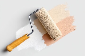 Obraz premium Paint roller resting on freshly applied strokes of creamy white, soft beige, and warm peach hues showcasing home renovation and artistic expression in interior design