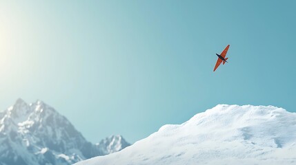 Plane ascends over snowy peaks under a bright sky, a single red aircraft silhouetted