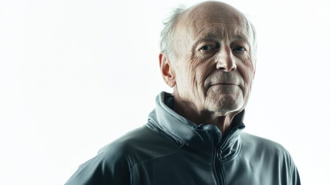 Elderly man jogging with a focused expression and a joyful smile, wearing sportswear, white background.