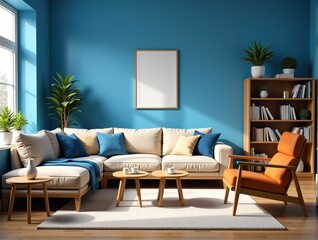 Fototapeta premium Sunny living room interior with beige sofa, orange armchair, wooden furniture, and blue walls.