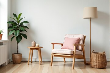 Minimalist living room interior with wooden armchair, pink cushion, and natural decor elements.