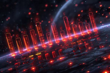 Fototapeta premium Futuristic cityscape with glowing buildings and dark atmosphere.