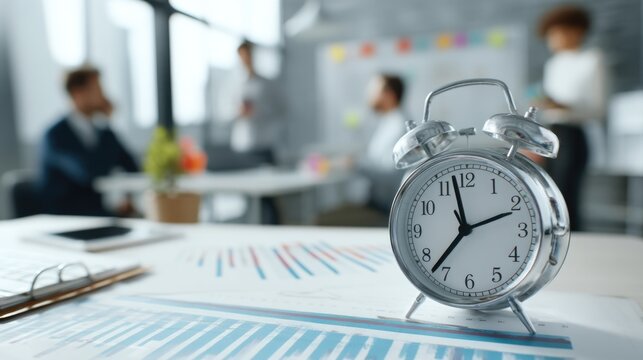 Office time management concept with analog clock in focus