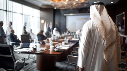 Business meeting with middle eastern men in traditional attire in modern conference room