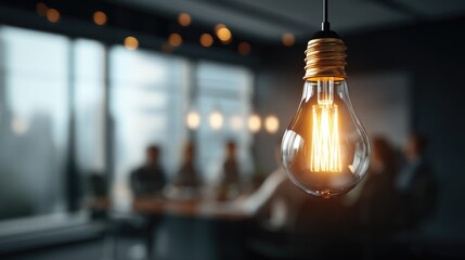 Glowing light bulb in modern office meeting room setting