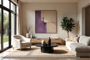 Bright and airy living room with beige couch, armchair, and abstract art.