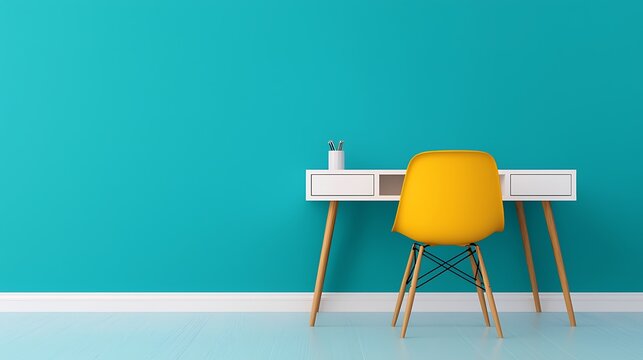 Minimalist home office setup showcasing a bright yellow chair and a white desk against a teal wall backdrop. - Powered by Adobe