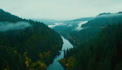 Obraz premium Misty Mountain River Valley