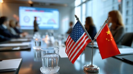 Business meeting with usa and china flags in corporate boardroom setting