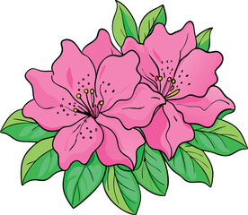 Stunning Vibrant Pink Azalea Flowers Vector Illustration with Lush Green Leaves for Elegant Botanical, Floral & Garden Design – Premium Digital Art