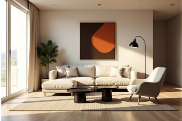 Sunlit modern living room with beige sectional sofa, armchair, and abstract art.