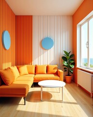 Bright and airy living room with orange couch and accents, white coffee table, and large window with a view.