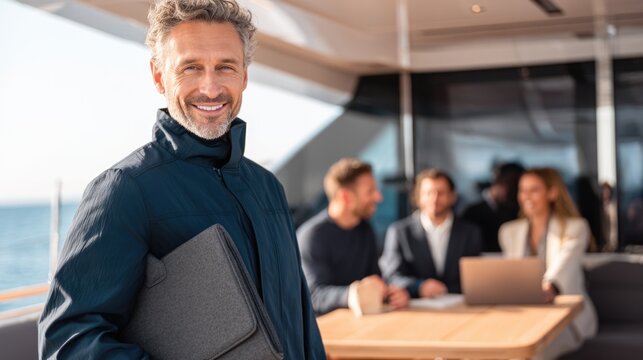 Confident mature caucasian male enjoying business meeting on yacht with colleagues
