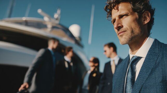 Confident caucasian male adult in blue suit on yacht with business group