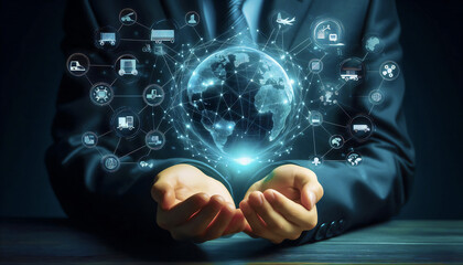 Hands holding globe with network connecting data of logistics management and supply chain operations, transportation routes, inventory systems, distribution centers, procurement strategies