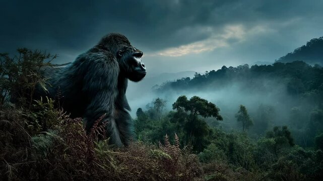 Large silverback gorilla surveys a misty mountain landscape, surrounded by lush green foliage and a cloudy, dramatic sky.