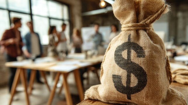 Team meeting in office with focus on dollar bag in foreground