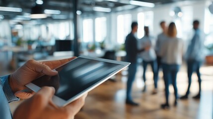 Businessman using tablet in modern office with diverse colleagues in background