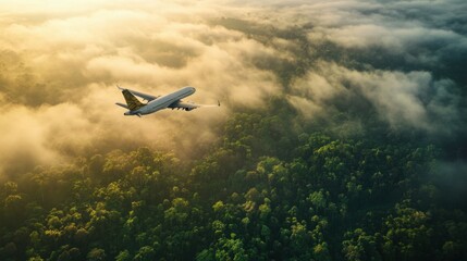 Fototapeta premium Airplane soaring above lush forest and clouds at sunrise