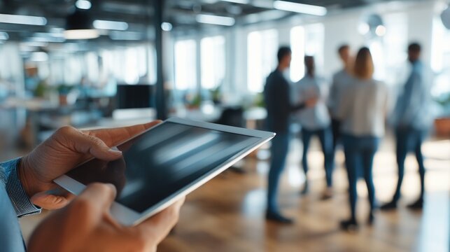 Businessman using tablet in modern office with diverse colleagues in background