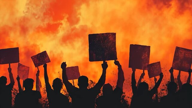 A crowd of silhouetted protesters raises signs and fists against a backdrop of intense orange flames and thick smoke