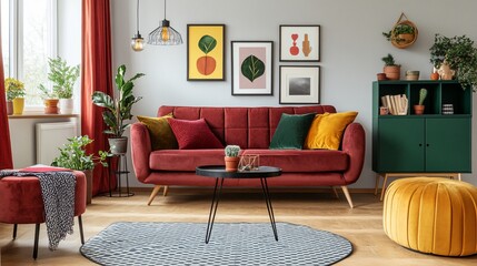 Cozy modern living room with warm color palette