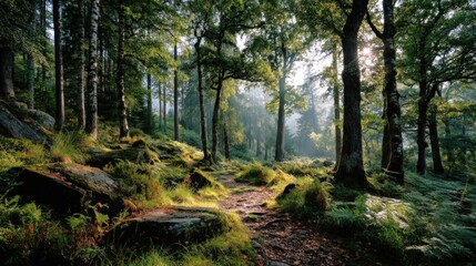 Naklejka premium Serene afternoon in a northern Italian forest with birch and chestnut trees