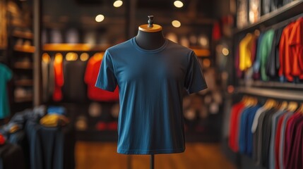 Fototapeta premium T-shirt mockup on display mannequin inside clothing store