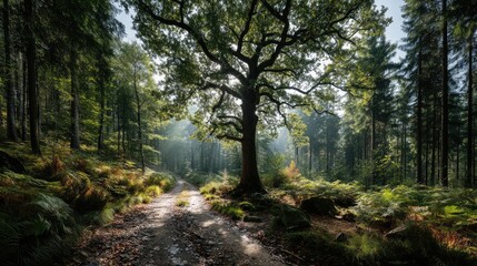 Fototapeta premium Sunlight filtering through a forest, illuminating a path