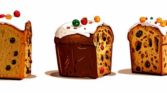 Rotating festive fruitcake with icing and colorful toppings on white background