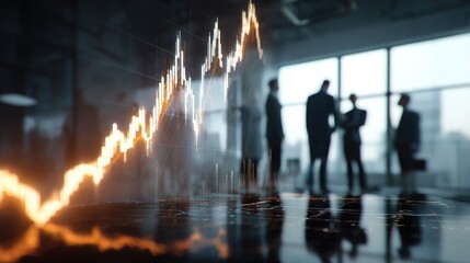 Business team meeting in modern office with financial graph overlay