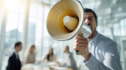 Caucasian male adult shouting through megaphone at office meeting