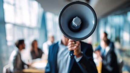 Businessman with megaphone leading office meeting with diverse team