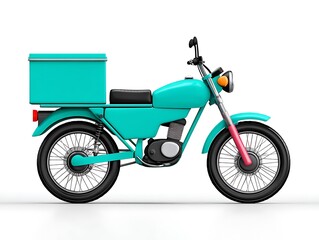 Obraz premium Teal vintage motorbike with attached delivery box, isolated on white background