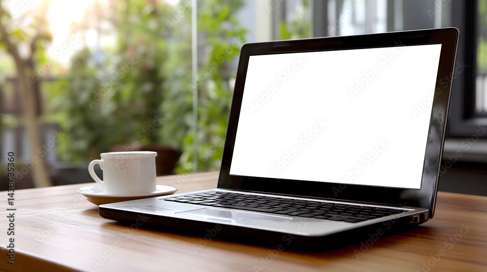 Poster modern laptop on wooden table with a cup of coffee in a sunlit window environment : generative ai