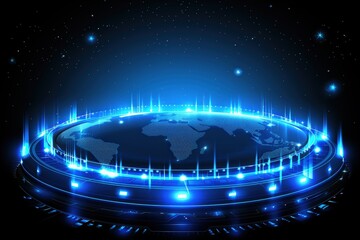 Futuristic globe with blue digital elements and starry background.