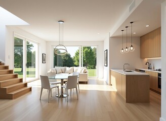 Fototapeta premium Bright and airy open-plan living space with modern kitchen and dining area, featuring large windows and sunlight.