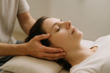 Calming Touch: A serene moment captured as a therapist's gentle hands provide a relaxing massage treatment, promoting well-being and tranquility.