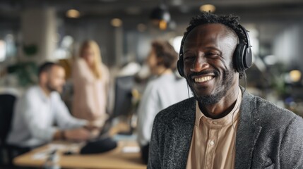 Obraz premium African male adult smiling with headphones in modern office environment