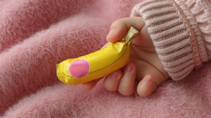 Baby's hand reaches for bright yellow banana-shaped candy on soft pastel fleece